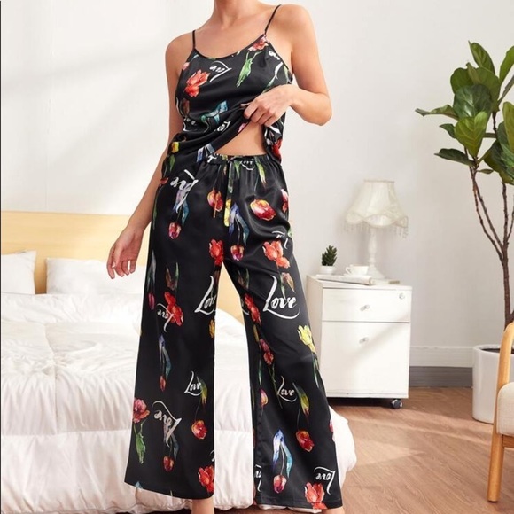 New Black Satin Silk-Like Cami Pajama Set​ - Picture 2 of 5